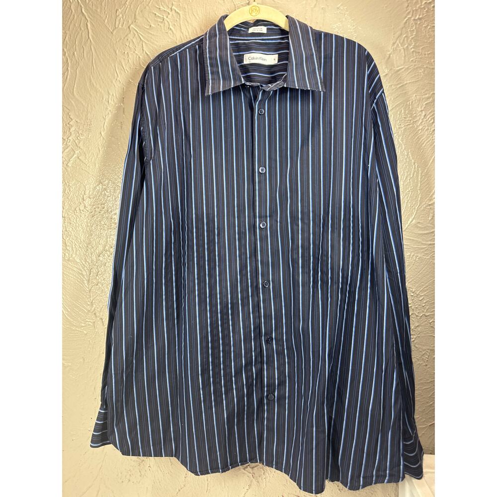 Calvin‎ Klein Long Sleeve Button Down Black Blue Striped Shirt Business Size XL